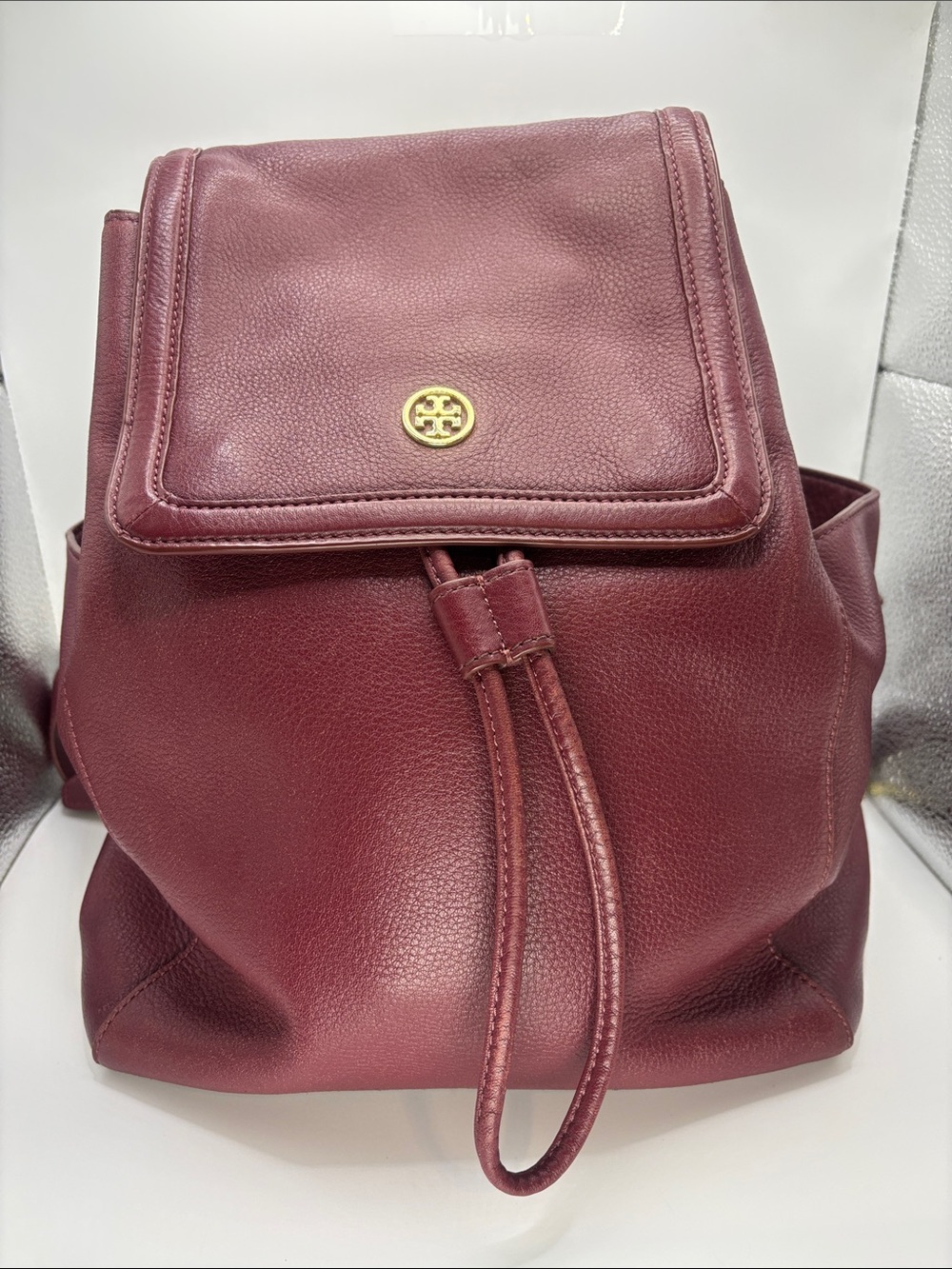 Tory Burch Wine Leather Drawstring Backpack with Gold Logo - Picture 2 of 16